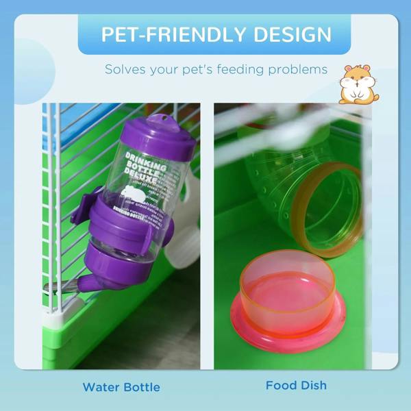 Hamster cage water bottle and food dish inside the green multi-level habitat