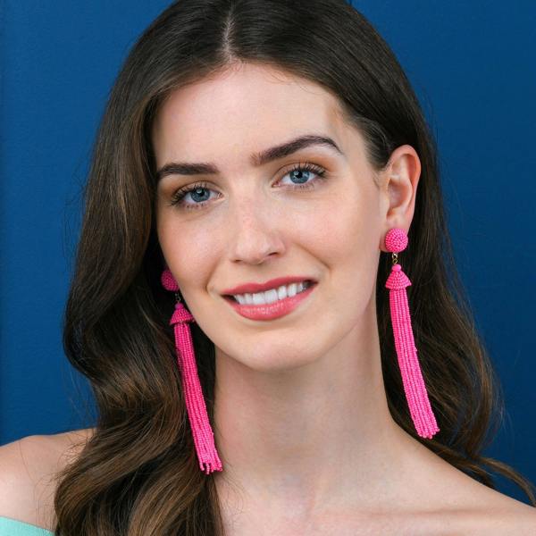 Zavana Long Bright Pink Beaded Tassel Earrings for Women