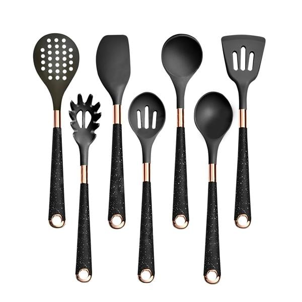 Anygleam Kitchen Utensils Non-stick Black 7 Set Gold Plated Handle with Support Point Cooking Tool Accessories Heat Resistant Kitchenware