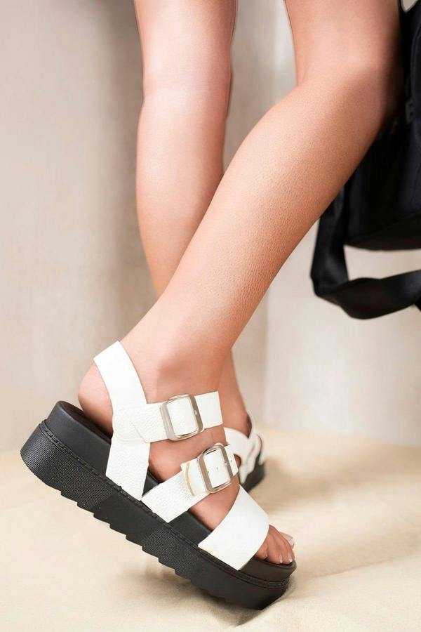 Elora Triple Buckle Flat Sandals - White