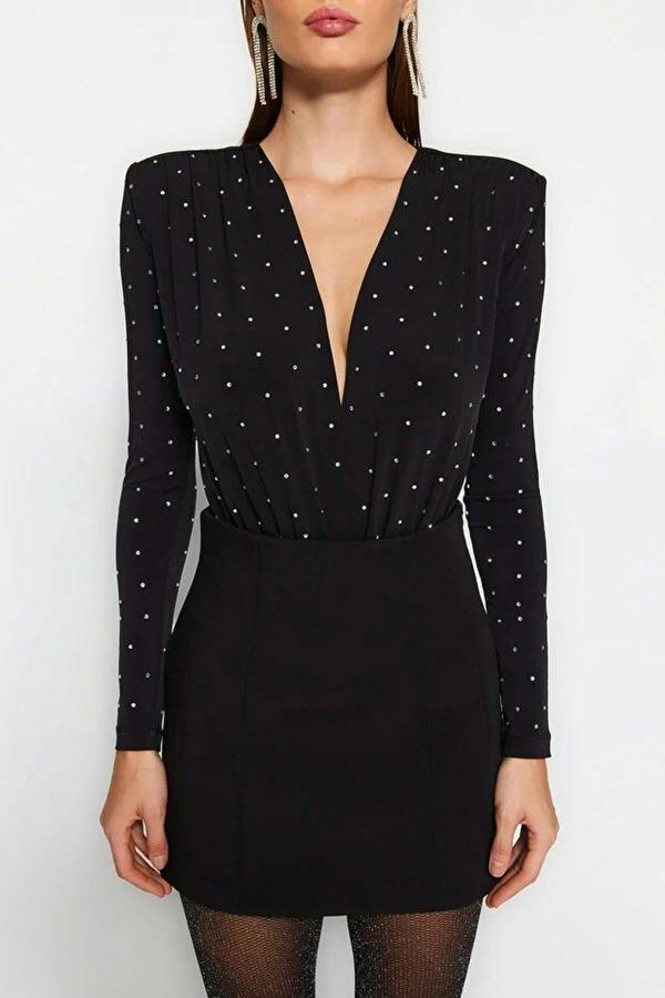 WOVCOR Padded Knit Bodysuit with Stone Detail