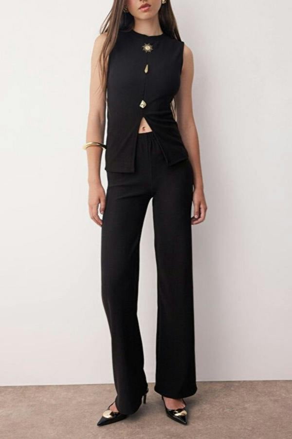WOVCOR 2-Piece Button Accessory Sleeveless Top & Regular Fit Knit Pants Set