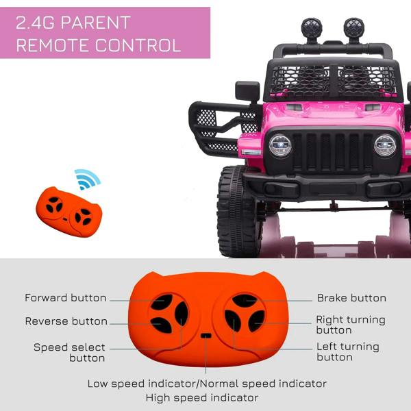 Pink remote-control ride-on off-road car toy with black front grille and round headlights