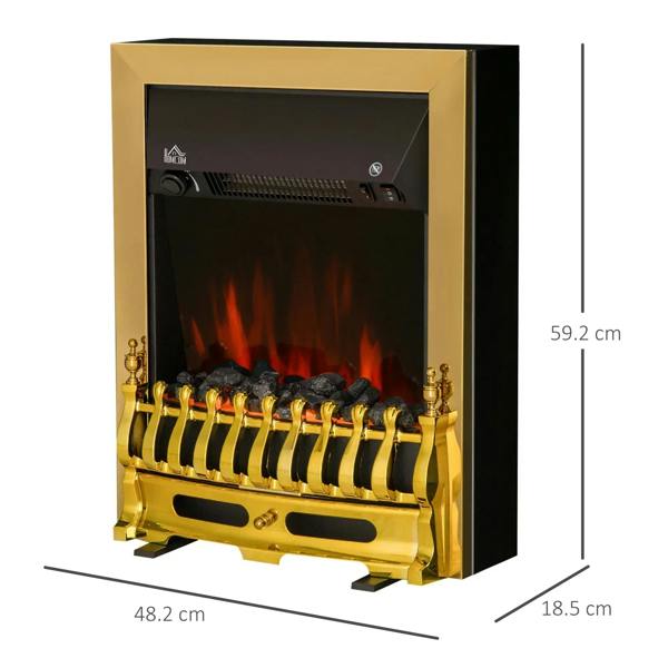 Golden electric fireplace inset heater with glass front and coal-style flame LED glow