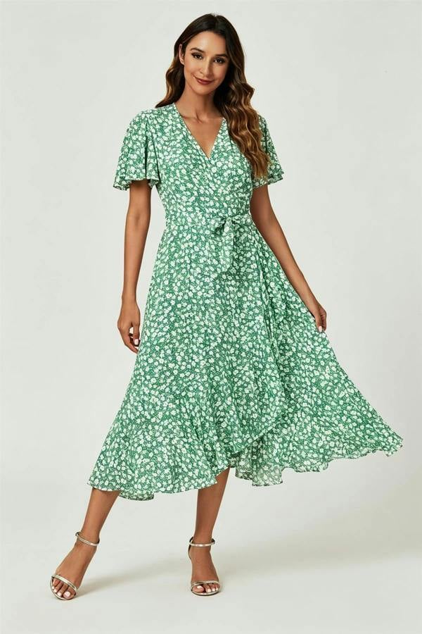 FS Collection Floral Print Midi Wrap Dress In Light Green