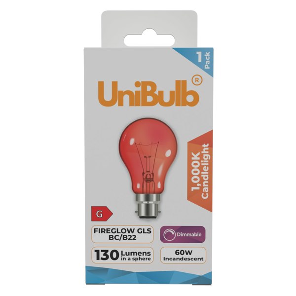 UniBulb B22 GLS 60W 1000k Fireglow Red Light Bulb  - Pack of 1 front