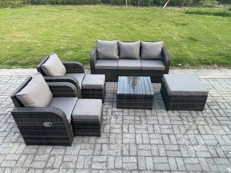 Fimous Garden Furniture Sets Wicker Rattan Furniture Patio Sofa Sets with Reclining Chair 3 Seater Sofa 3 Footstools Dark Grey Mixed