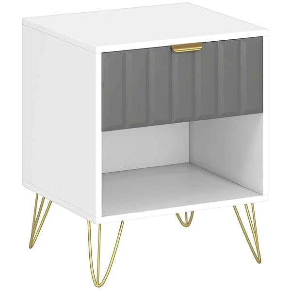 Modern white bedside cabinet with drawer front, open shelf, and gold accents