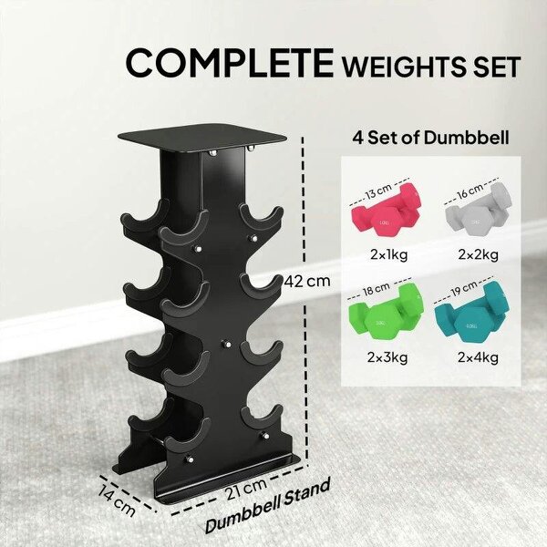 Hex Dumbbells Set with Dumbbell Rack, Hand Weights for Home Gym Strength Training, 2 x 1kg, 2 x 2kg, 2 x 3kg, 2 x 4kg