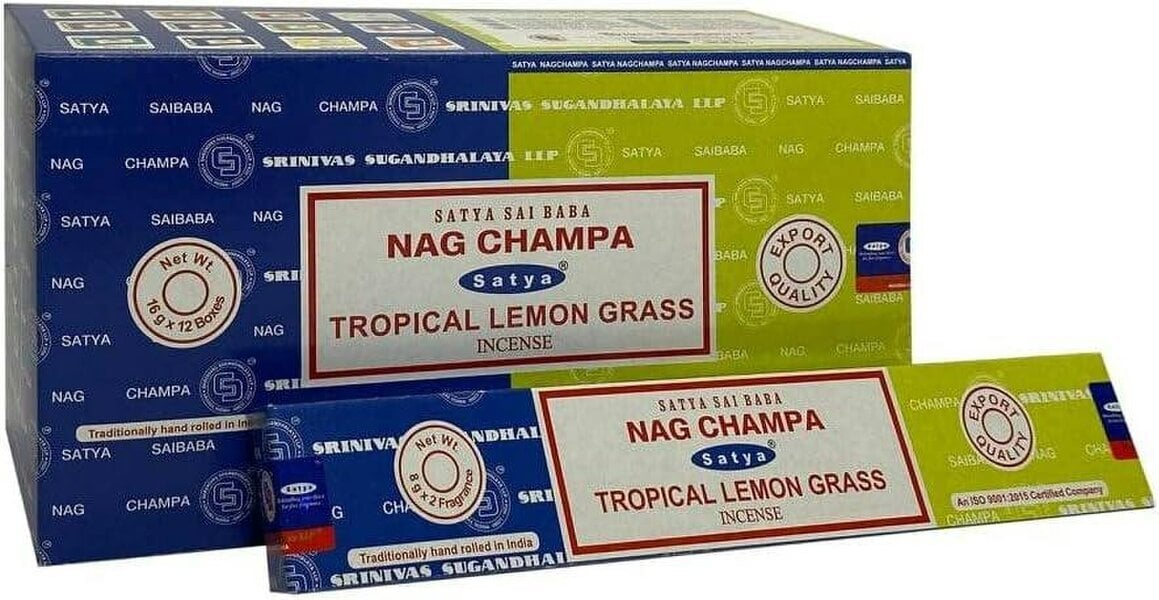 Satya Nag Champa & Tropical Lemongrass Incense Sticks Set, 12 x 16g Packs