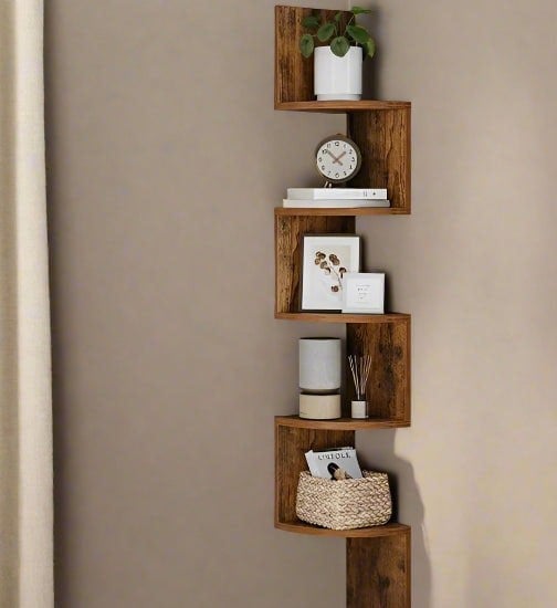 Modcraft Rustic Brown 5-Tier Corner Wall Shelf – Floating Display Bookcase