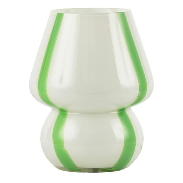 Handcrafted Art Glass Table Lamp in Soft White with Bold Green Ribbons Image 1