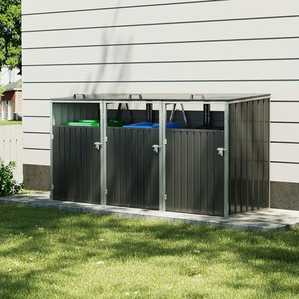 Metal Outdoor Bin Shed for 1/2/3/4 Trash Bins Living and Home Charcoal Black TripleBin 