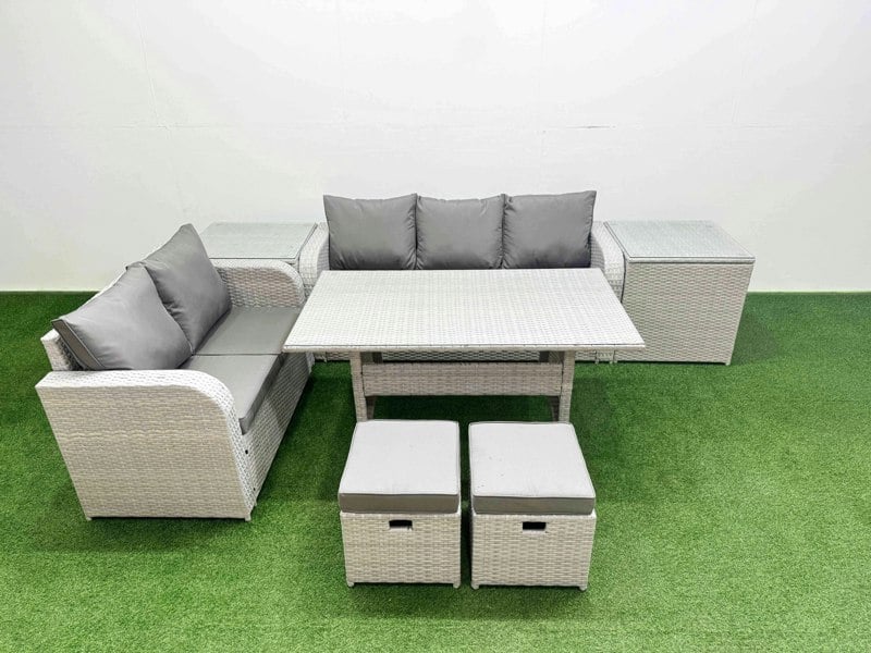 Fimous 7 Seater Rattan Conservatory Sofa Set - Rectangular Dining Table, 3-Seater Sofa, Loveseat & 2 Stools