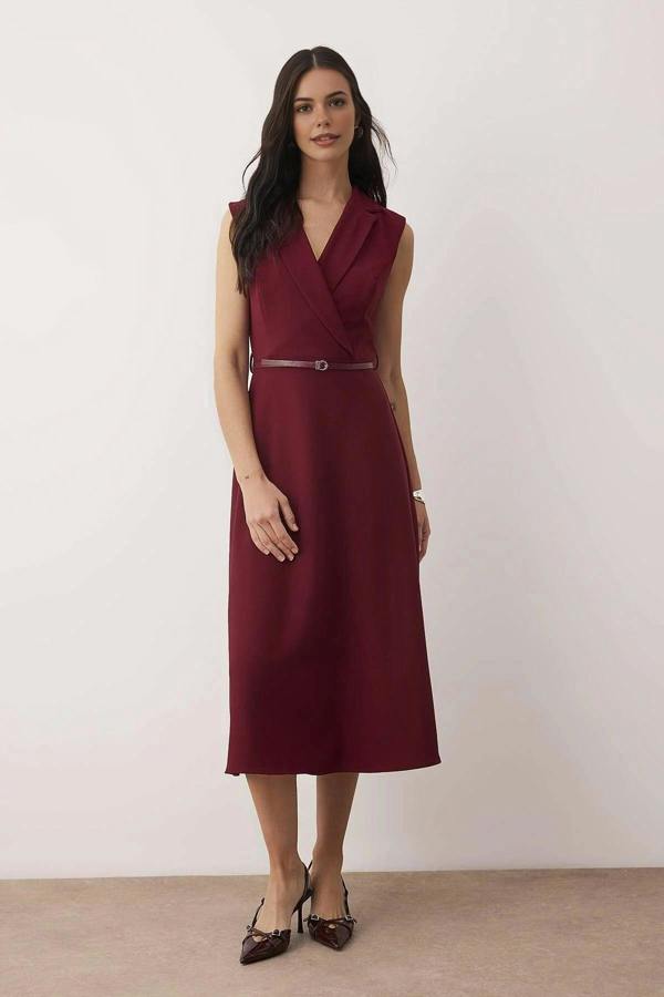 WOVCOR Belt Detail Midi Woven Dress