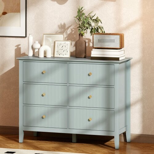 HOMCOM Fluted Chest of Drawers 6 Drawer Dresser for Bedroom Hallway Green - 78