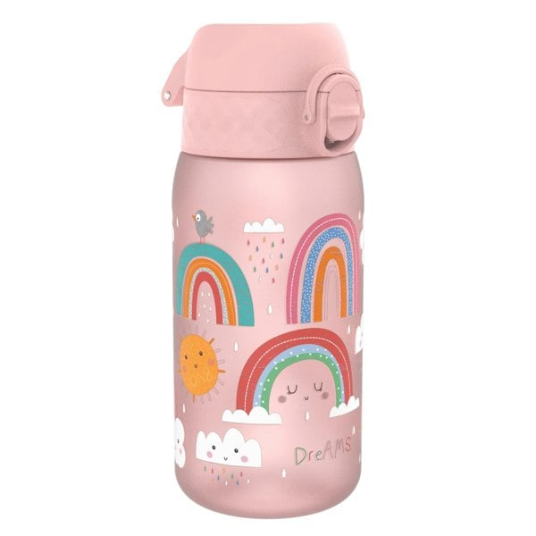 A pink children's water bottle, decorated with rainbows, clouds, and a sun, sits on a white background. Dreams.