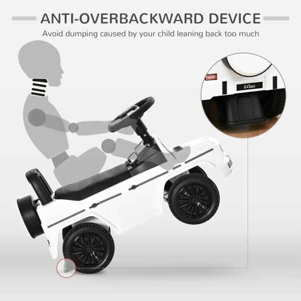 White kids ride-on car with black safety backrest and handle, push-along