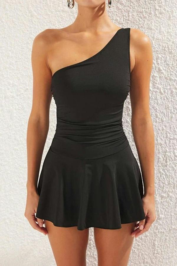 WOVCOR One-Shoulder Covered Short Skirt Basic Swimsuit