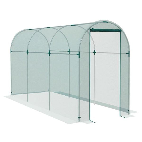 Green fruit cage plant protection tent with zipped door and mesh walls