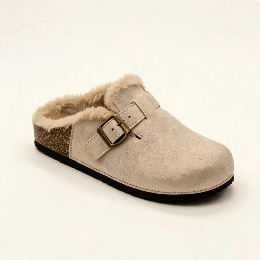 Love Lemonade Sadie Faux Suede Fur Lined Buckle Clog Sliders Nude