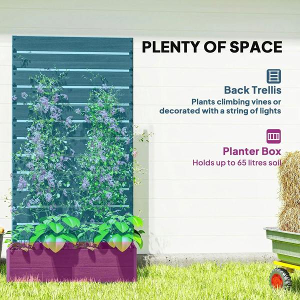 Black trellis planter box with climbing plants filling the framed back