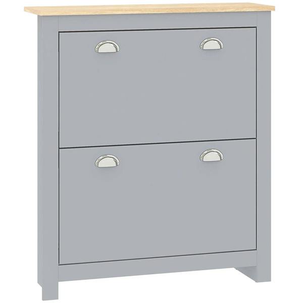 Grey wooden shoe cabinet with two drawers and curved metal handles