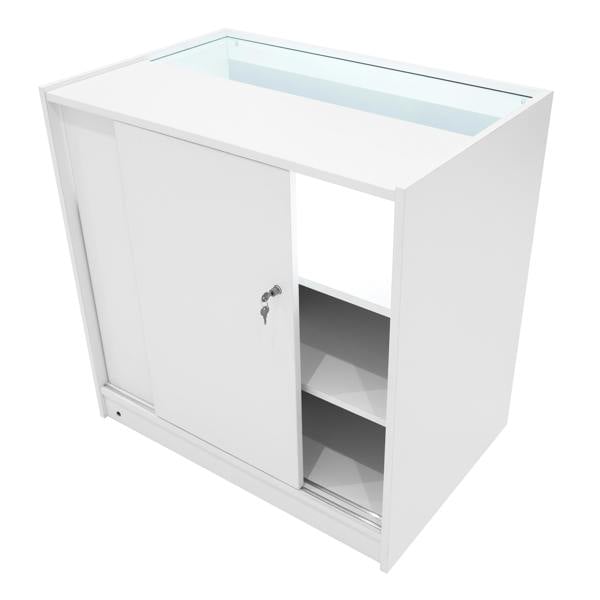 Theia LED Shop Counter Set in white features a sleek design with sliding doors, glass top, and spacious interior shelves for storage