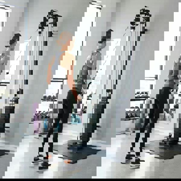 Wall mounted cable pulley machine with adjustable weights, sleek design, and user exercising in a modern gym setting