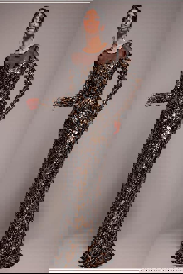 Floral Sequin Mesh Maxi - Gold DR4041