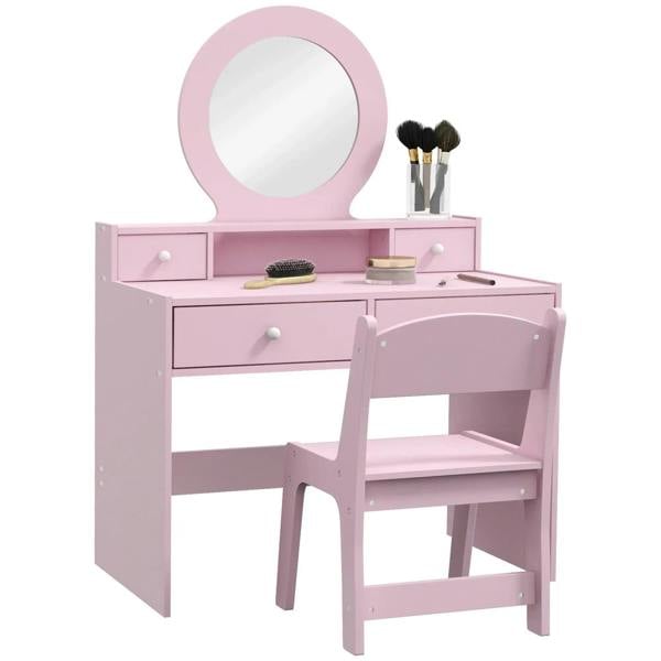 Kids pink dressing table set with round mirror, drawers, and matching stool