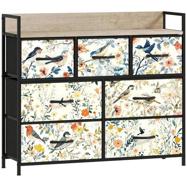 7-drawer chest of drawers with black frame and 6 bird floral fabric drawers