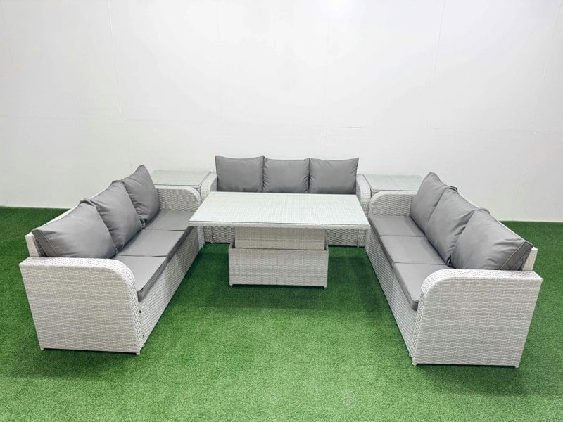 Fimous 9-Seater PE Rattan Outdoor Lounge Sofa Set | Adjustable Dining/Coffee Table, 3-Seater Sofa, 2 Side Tables | Light Grey