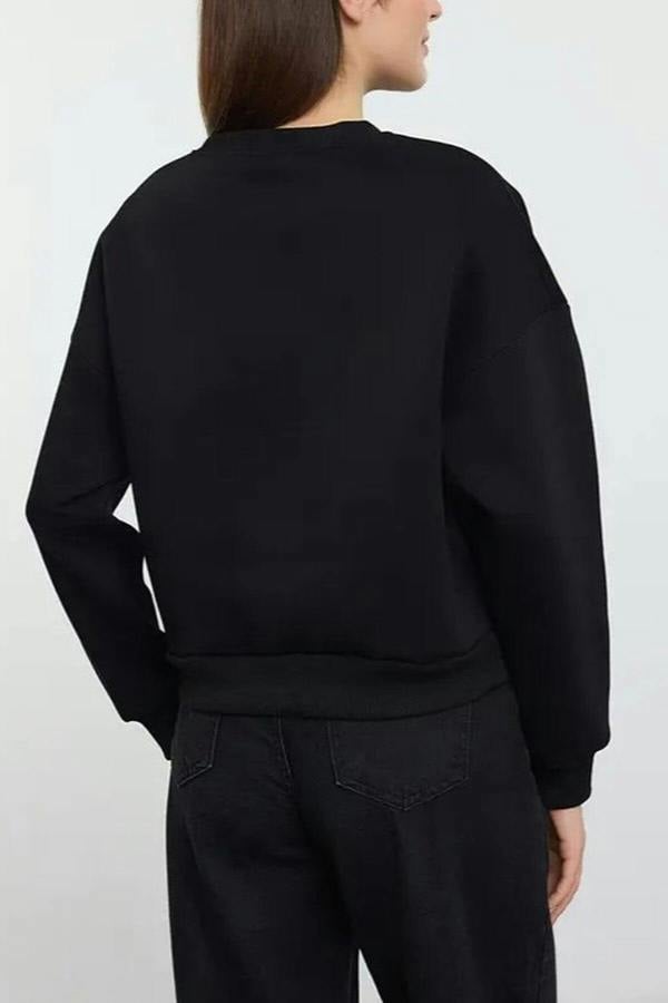 WOVCOR Leopard Ribbon Embroidered Knit Fleece Sweatshirt