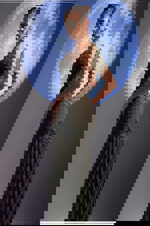 Gathered One Shoulder Sheer Panel Maxi Dress - Khaki Green DR4828