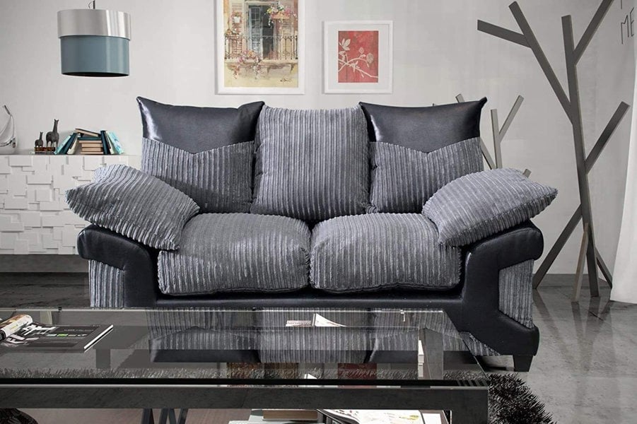 Dino Jumbo Cord with Leather 3+2 Seater Fabric Sofa in Grey with Black