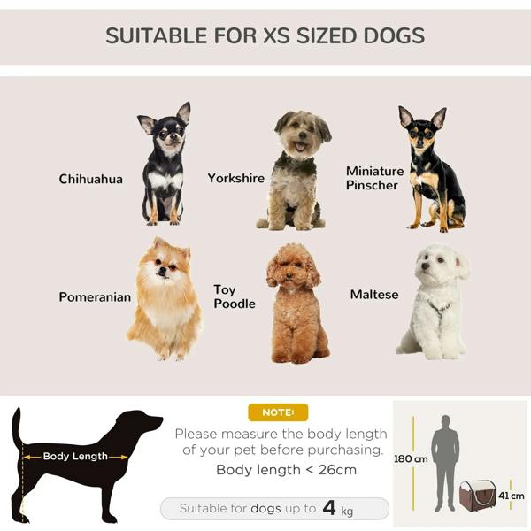 XS dog size guide for folding fabric pet crate, includes weight and body length tips