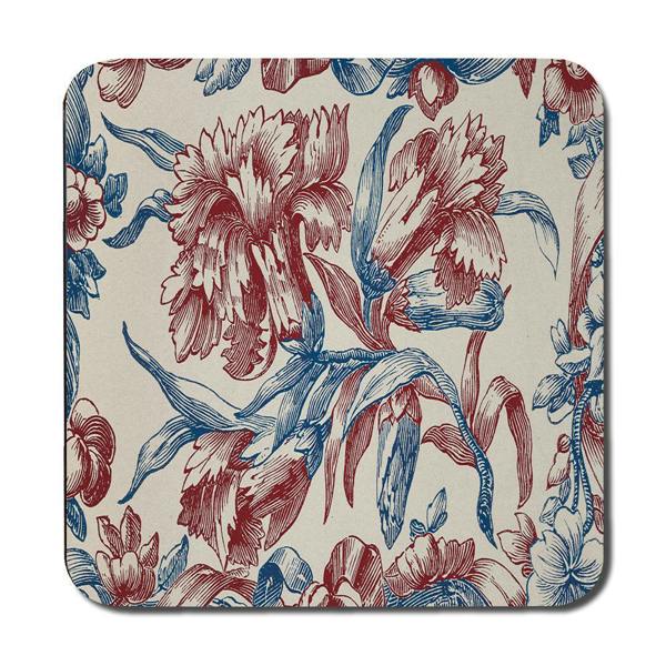 Benjamin Tate Design Floral Placemat and Coaster Set Red and Blue Botanical Design