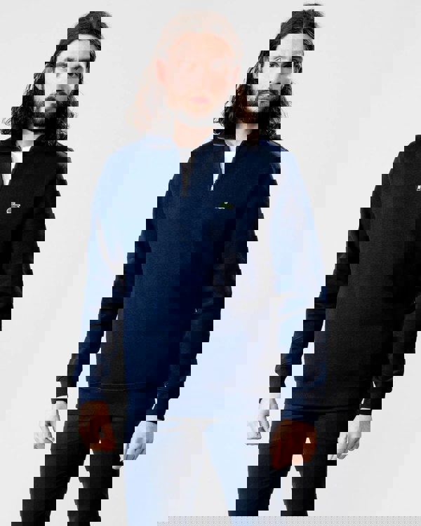 Lacoste Mens Zippered Stand-Up Collar Cotton Sweatshirt - Navy Blue 166