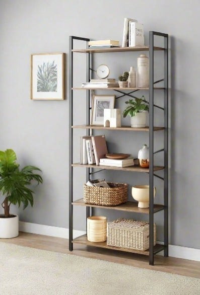 6-tier industrial bookshelf in wheat brown and ink black with X-brace back in modern living room

