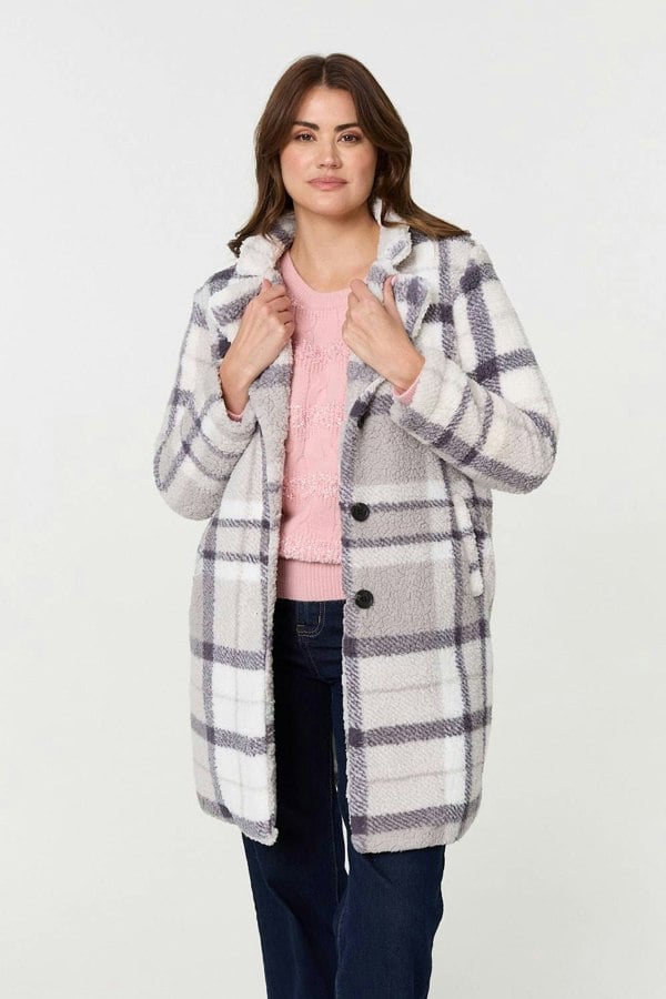Grey | Checked Teddy Fur Thigh Length Jacket
