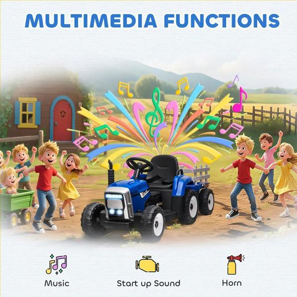 Blue ride-on tractor with multimedia music, start-up sound, and horn