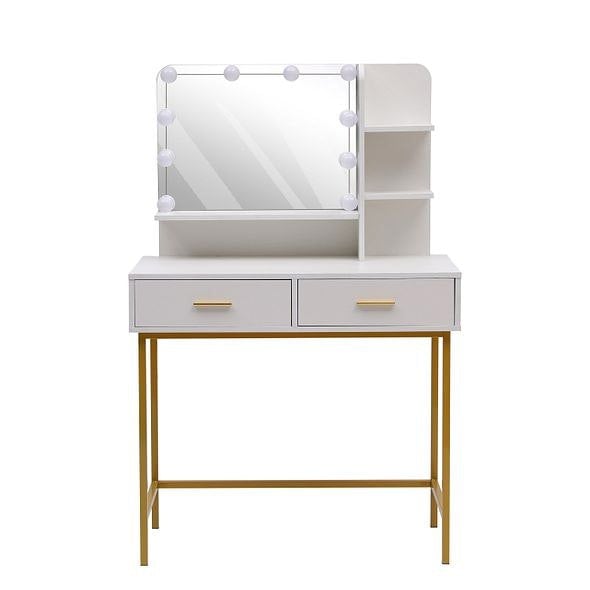 MMT Furniture Designs White Dressing Table Gold Legs Female Vanity Desk with LED Lights, Make Up Desk