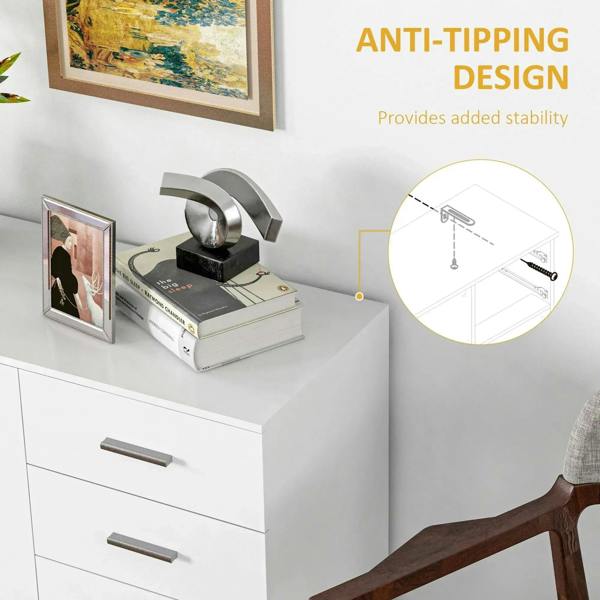 High-gloss white drawer cabinet with anti-tipping hardware and metal drawer pulls
