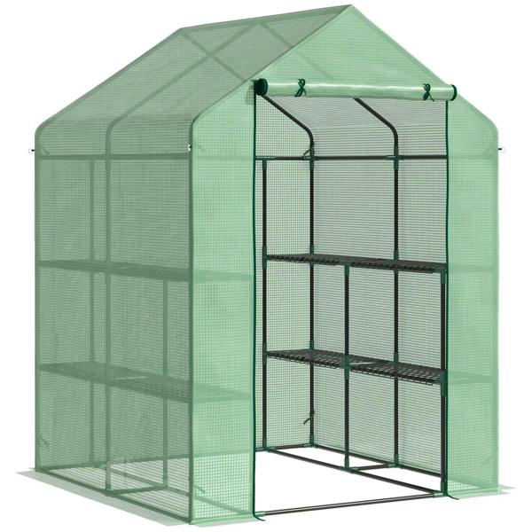 Dark green frame greenhouse with translucent PE cover and front side shelves