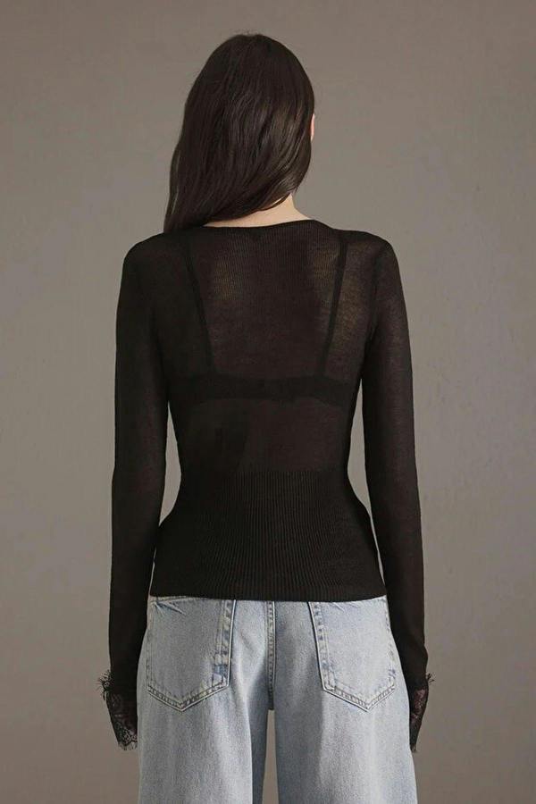 WOVCOR Lace Trim V-Neck Long Sleeve Knitted Cardigan