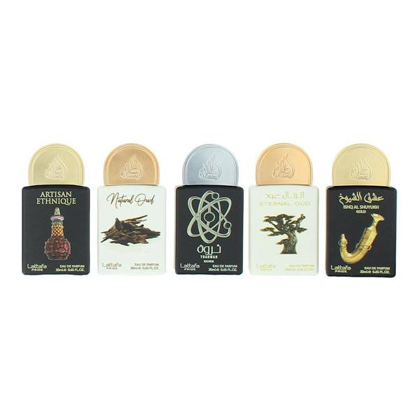 Lattafa Pride Artisan Ethnique, Natural Oud, Tharwah Silver, Eternal Oud, Ishq Al Shuyukh Gold Eau de Parfum 5 x 20ml