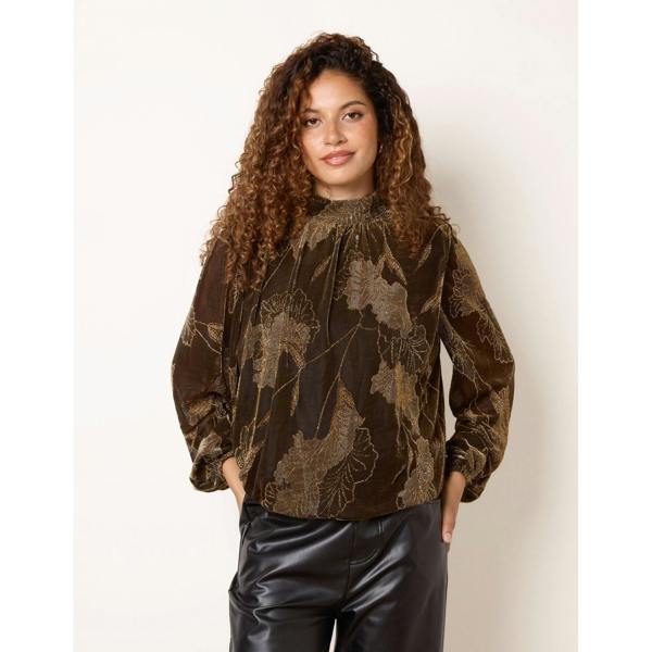 Blue Vanilla Metallic Floral High Neck Puff Ball Blouse