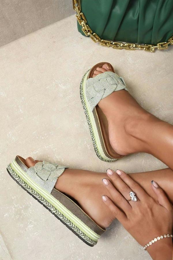 Erin Open Toe Embellished Strap Slide Platform Sandals - Green