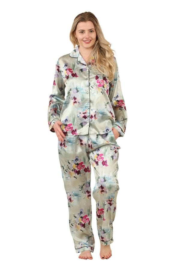 Luxury Satin Watercolour Floral Pyjama Set – Long Sleeve, Button-Up & Pockets - Sage